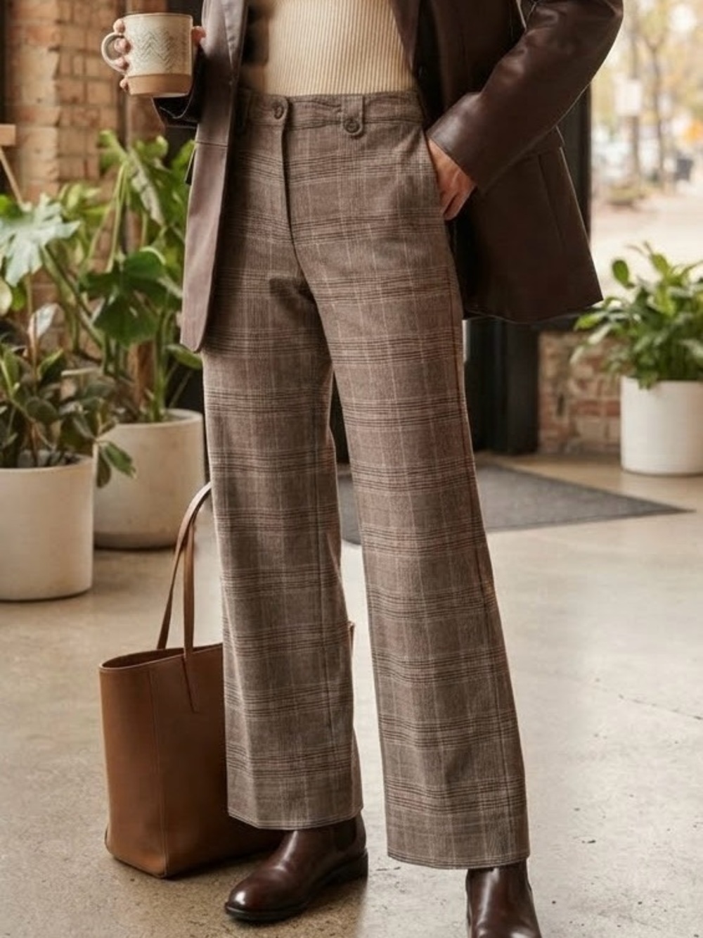 Jones New York Brown Plaid Glen Check Wide Leg Pants Preppy Dark Academia Retro